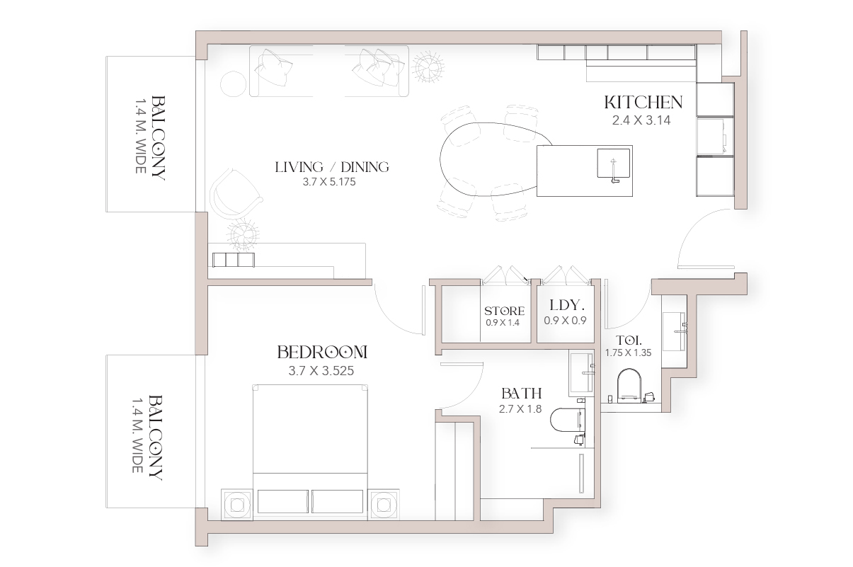 Luxor By Imtiaz Floor plan of a compact apartment featuring a living/dining area, kitchen, bedroom, balcony, bath, and storage.